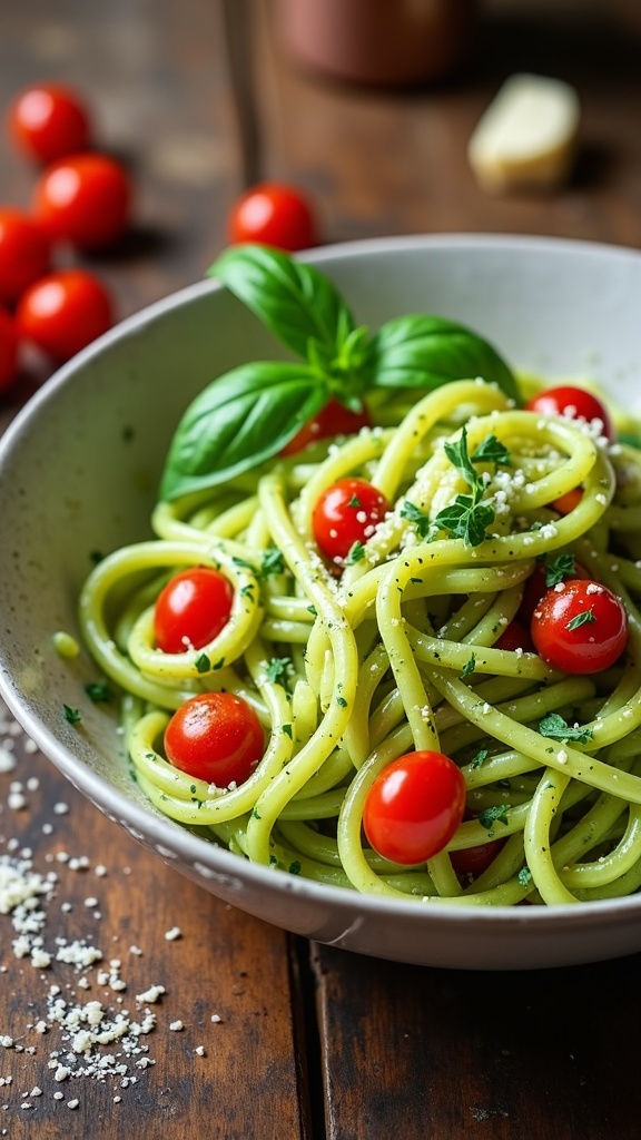 A bowl of creamy avocado pasta with cherry tomatoes and basil, garnished with Parmesan, on a rustic table.